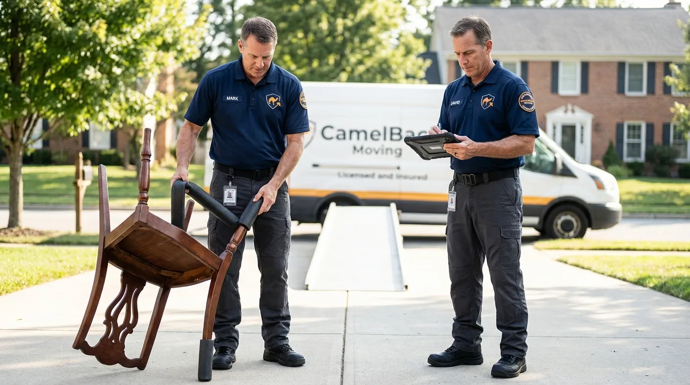 Movers inspecting furniture for damage prevention before loading in Breckenridge, TX