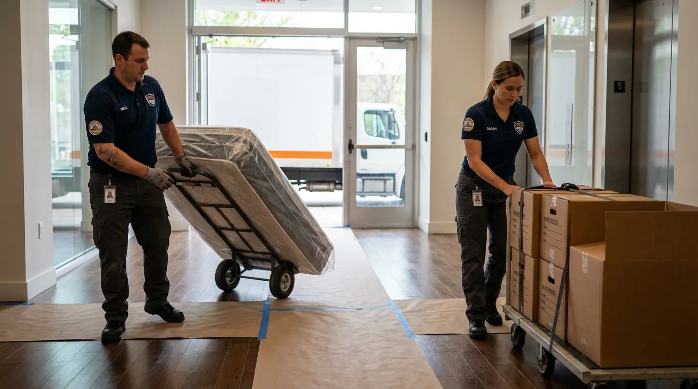 Professional apartment movers loading elevator in Breckenridge, TX